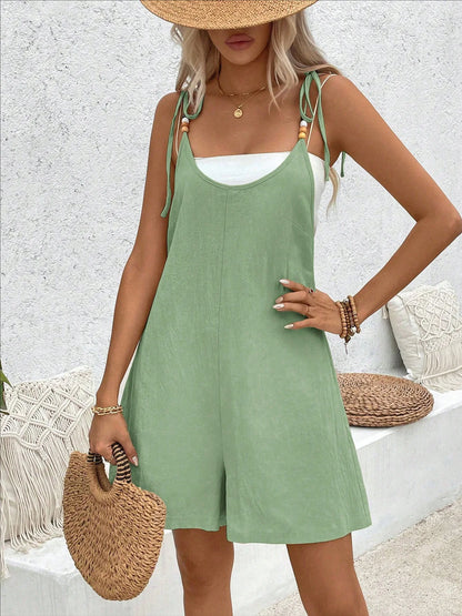 Women's spaghetti strap suspender shoulder short jumpsuit solid color loose wide leg jumpsuit summer casual beach style