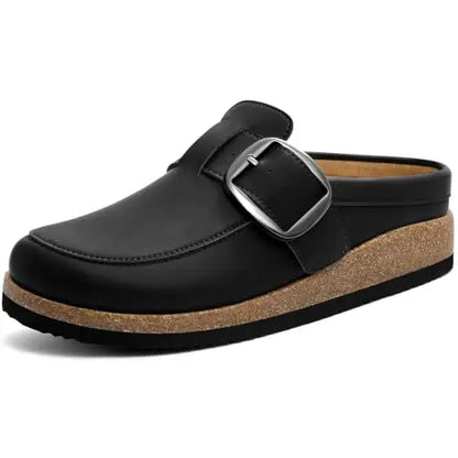 Evshine Women Loafer Style Clog Slippers Vegan Leather Adjustable Big Buckle Cork Footbed Casual Ladies House Home Slippers