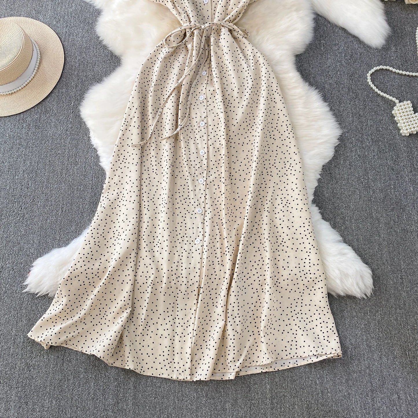 Summer Women Polka Dot Long Dress Vintage V-Neck Flying Sleeve High Waist Single Breasted A-Line Casual Vestidos Female Robe New