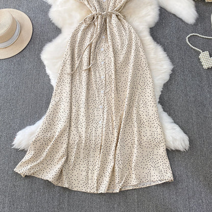 Summer Women Polka Dot Long Dress Vintage V-Neck Flying Sleeve High Waist Single Breasted A-Line Casual Vestidos Female Robe New