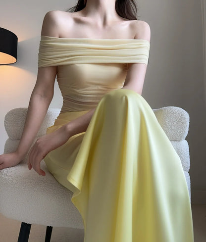 MsChuh Summer Party Dresses For Woman One-shoulder Long Evening Dress Sexy Holiday French Vestidos Solid Color Temperament Slim
