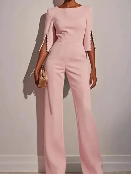 Fashion Hot Selling Spring Summer Solid High Waist Beaded Decor Jumpsuit for Women's Clothing Female Elegant Long Jumpsuits