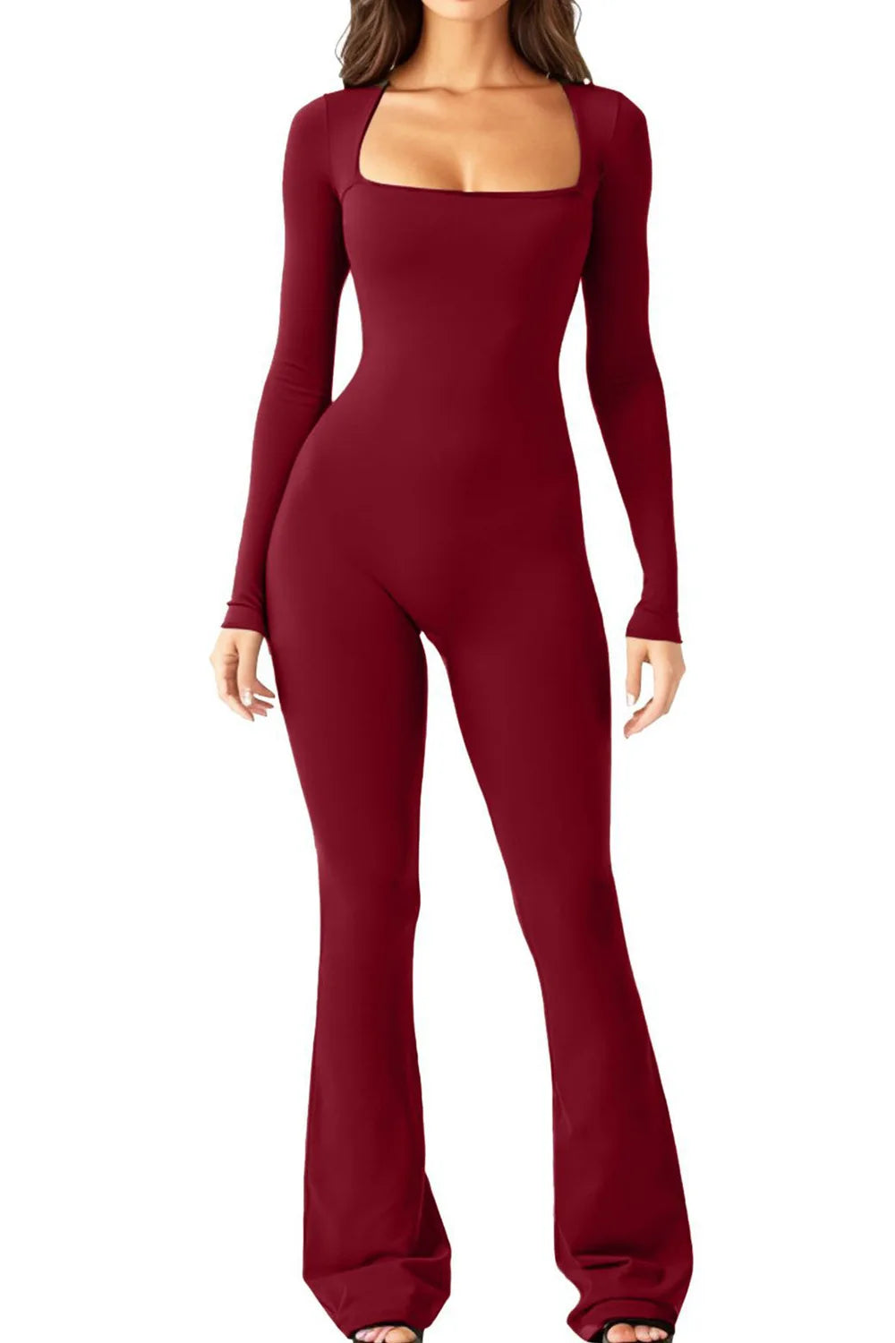 Foreign Trade Women's Long Sleeved Waist Cinching and Waist Lifting Square Collar Wide Leg High Elastic Jumpsuit