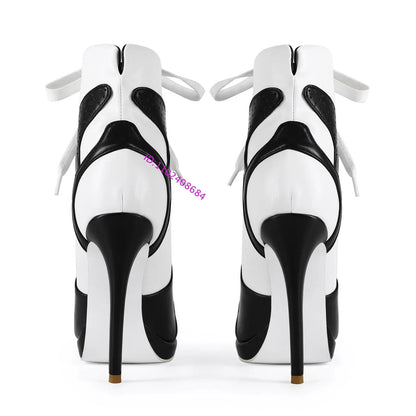 Women High Heel Black White Sports Ankle Boots Slim High Heel Lace Up High Top Sport Boots Plus Size 43