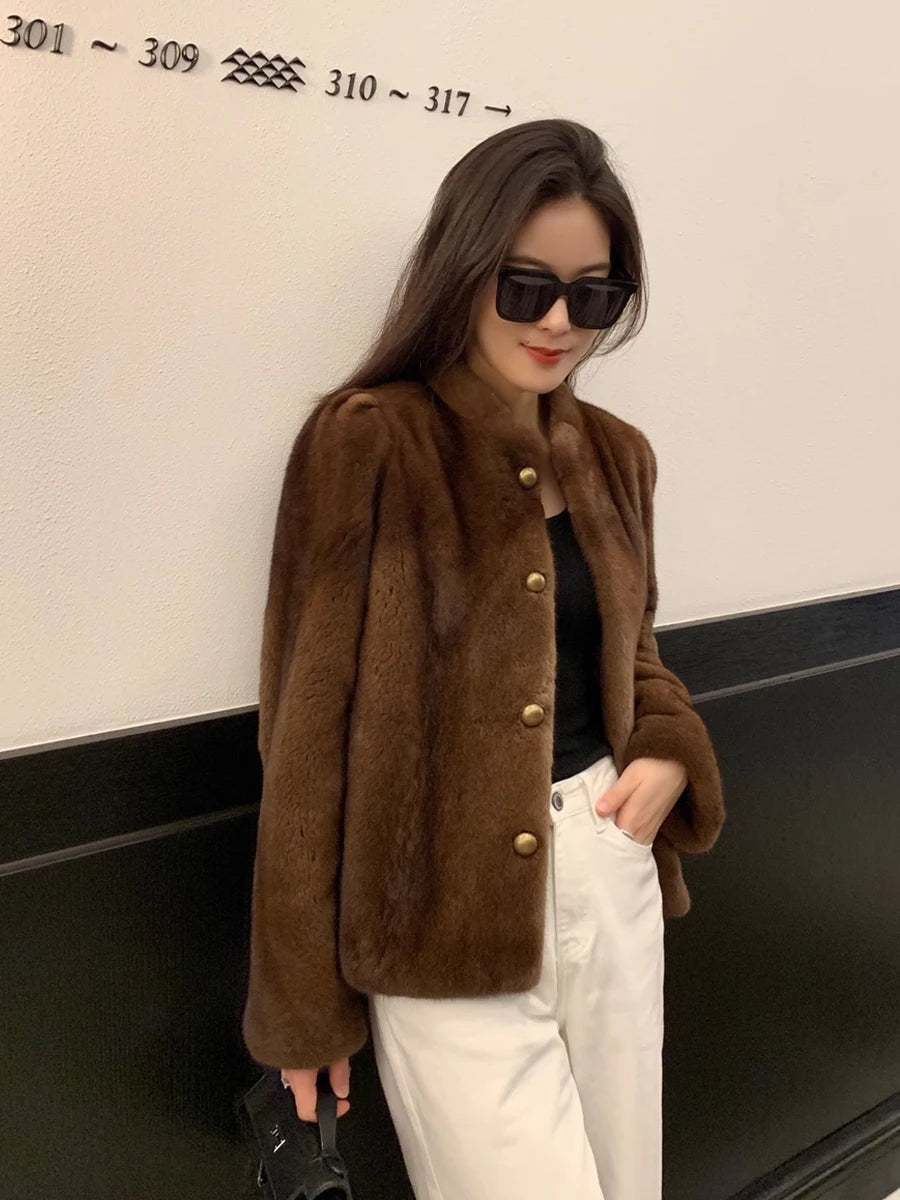 HDHOHR 2026 New100% Real Mink Fur Coat Women Fashion Essential Natural Mink Coat Warm Short Leather Outerwear Winter Fur Jacket