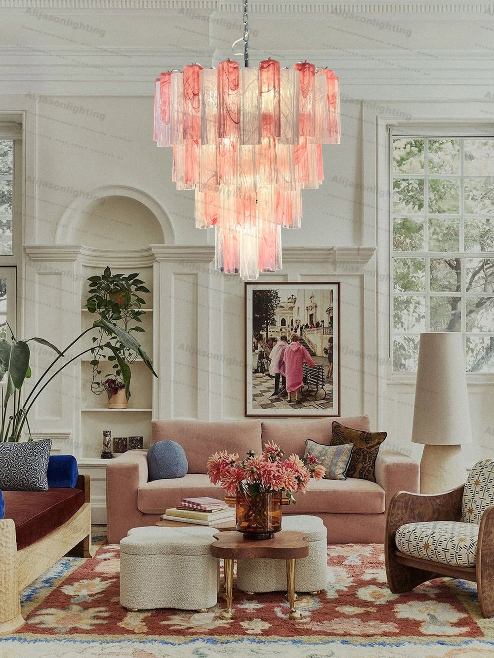 Elevate Your Living Room With Our Textured Pink White Glass 2026 Chandelier High-end Pendant Light Gold Chrome Dimming Function