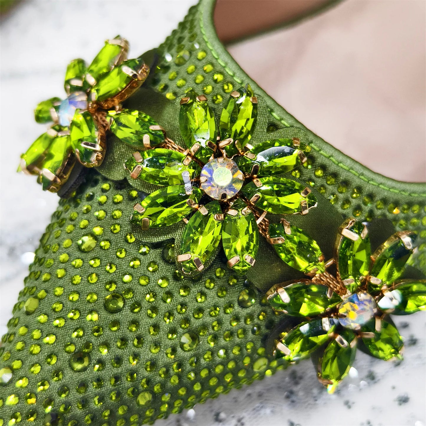 Venus Chan Olive-Green Pointed-Toe Women's High Heels Shoes and Bags for Party Rhinestone Evening Elegant Luxury Handbag