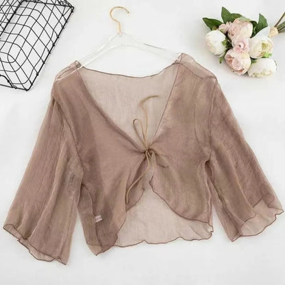 Casual Crinkle Women Cardigan Loose Chiffon Short Shawl See Through Transparent Thin Section Top Small Jacket