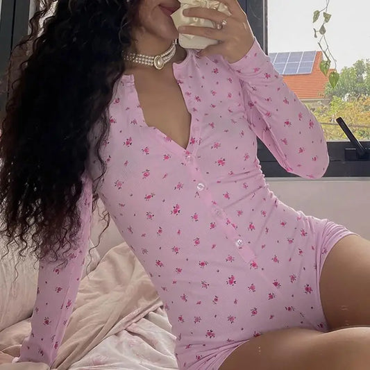 Pajamas Onesies Women's Sexy Bodysuit Casual Flower Print V-neck Front Button Long Sleeve Slim Fit Jumpsuit Sleepwear