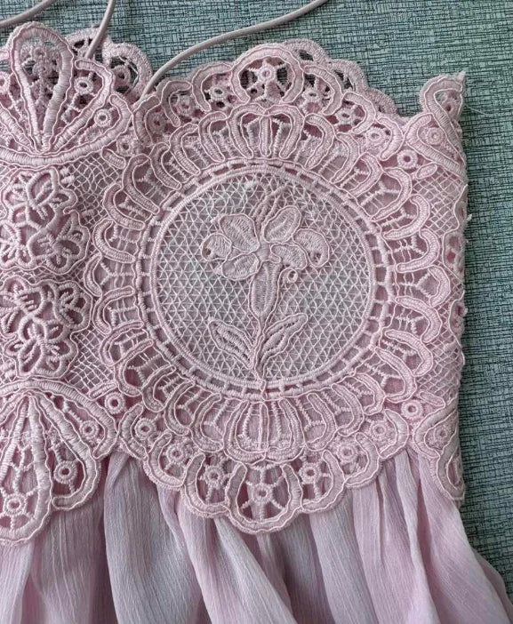 Beach Pink Lace Spliced Women's Set Summer See Through Strap Tank Top Pleated Lantern Pants Sets Lady New Casual Vacation Outfit