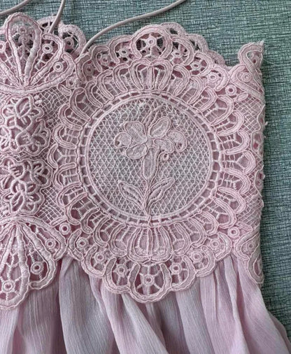 Beach Pink Lace Spliced Women's Set Summer See Through Strap Tank Top Pleated Lantern Pants Sets Lady New Casual Vacation Outfit