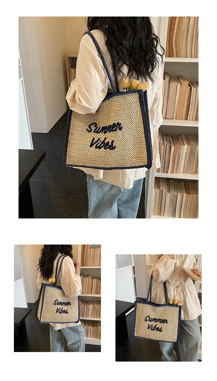 Large Capacity Women Tote Bag 2026 New Fashion Hand-made Straw Bag Female Shoulder Handbag Causal Commuter Bags for Ladies