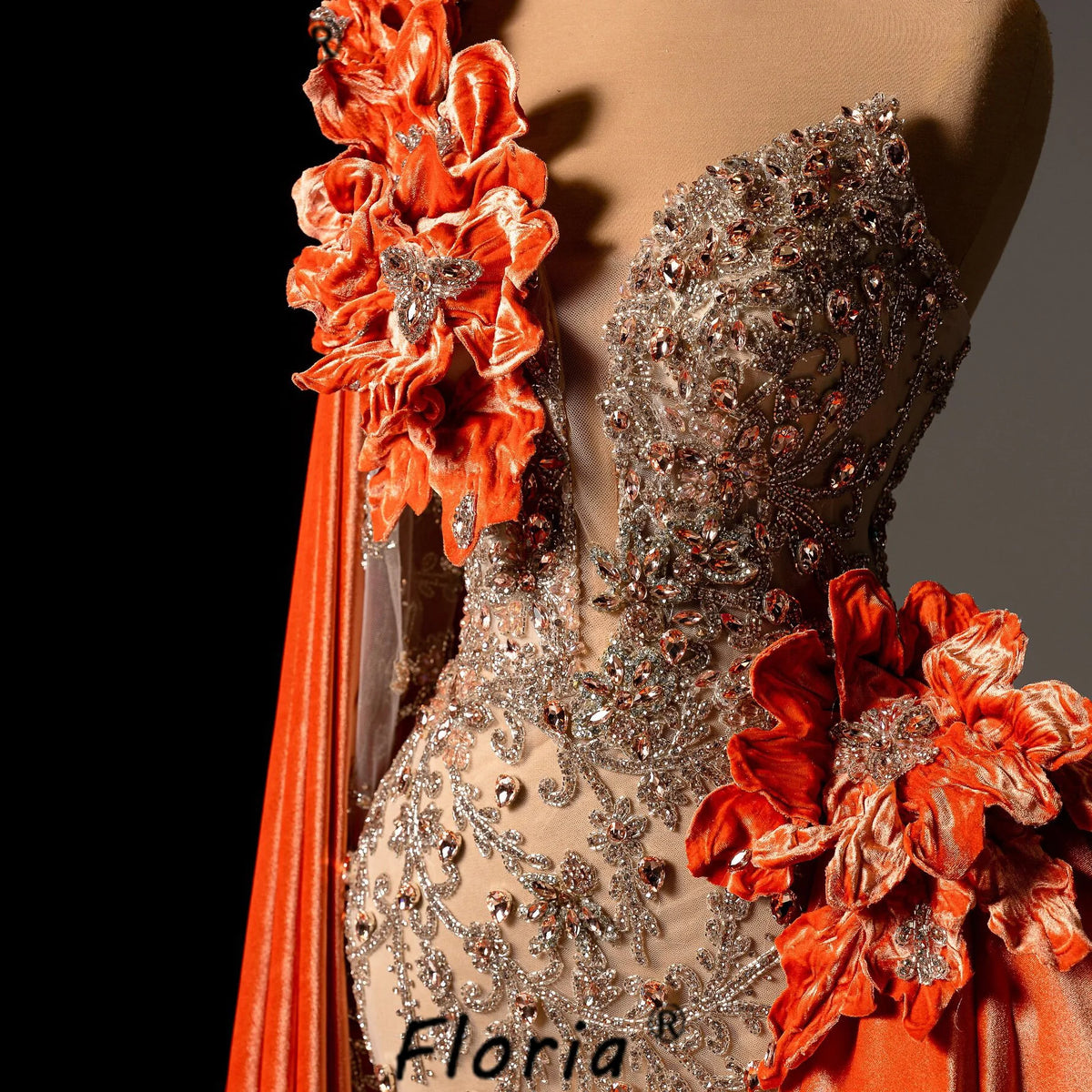 Luxury Orange Wedding Dress Beads Crystal Appliques 3D Velvet Mermaid Bride Party Gown Customized African Woman Vestidos de Gala
