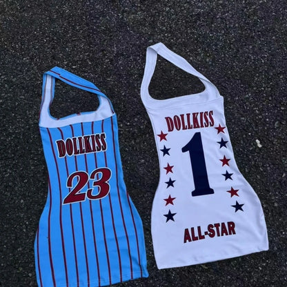 2025 Streetwear Letter Printing Halter Dress Harajuku Sexy Sleeveless Mini Dresses Y2k Aesthetic Women Backless Bodycon Vestidos