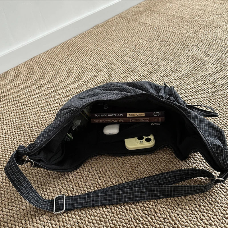Retro Plaid Hobos Messenger Bags for Women Drawstring Pocket Nylon Dumpling Bag Large Capacity Portable Travel Shoulder Bags