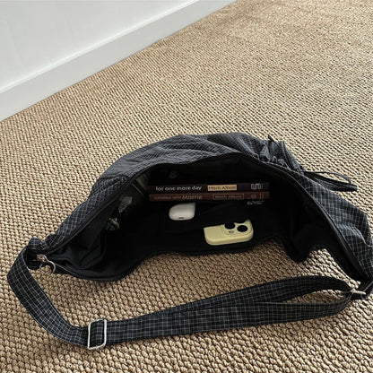 Retro Plaid Hobos Messenger Bags for Women Drawstring Pocket Nylon Dumpling Bag Large Capacity Portable Travel Shoulder Bags