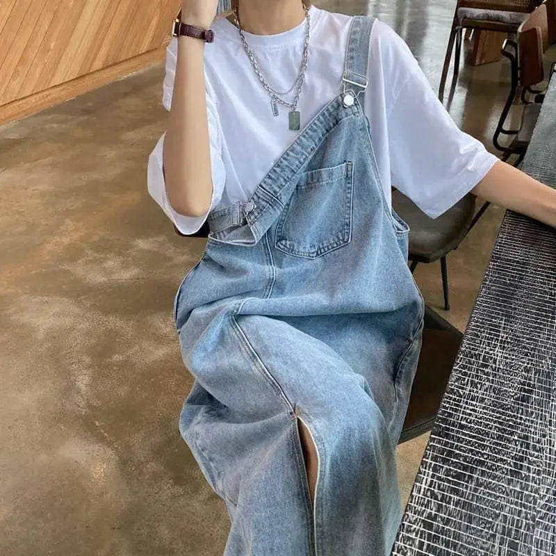 Korean style Denim Overall Dress Women Sleeveless Jeans Dresses Female Solid Slip Casual Loose Spaghetti Strap Dresses