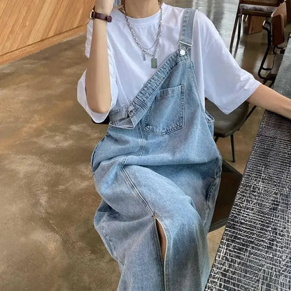 Korean style Denim Overall Dress Women Sleeveless Jeans Dresses Female Solid Slip Casual Loose Spaghetti Strap Dresses
