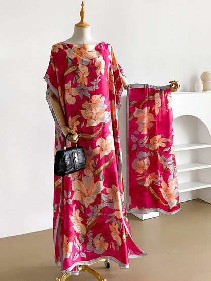Vibrant Magnolia Floral Print Satin Abaya Scarf Set, Loose Batwing Kaftan For Muslim Women Summer Beach Holiday Wear