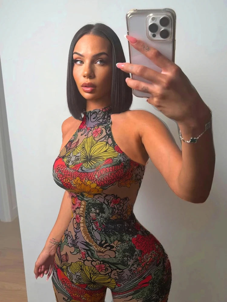 Kliou Colorful Print Playsuits Woman Bandage Halter Backless Skinny Peach Hip Female Midnight Club Party Sexy Fashion Rompers
