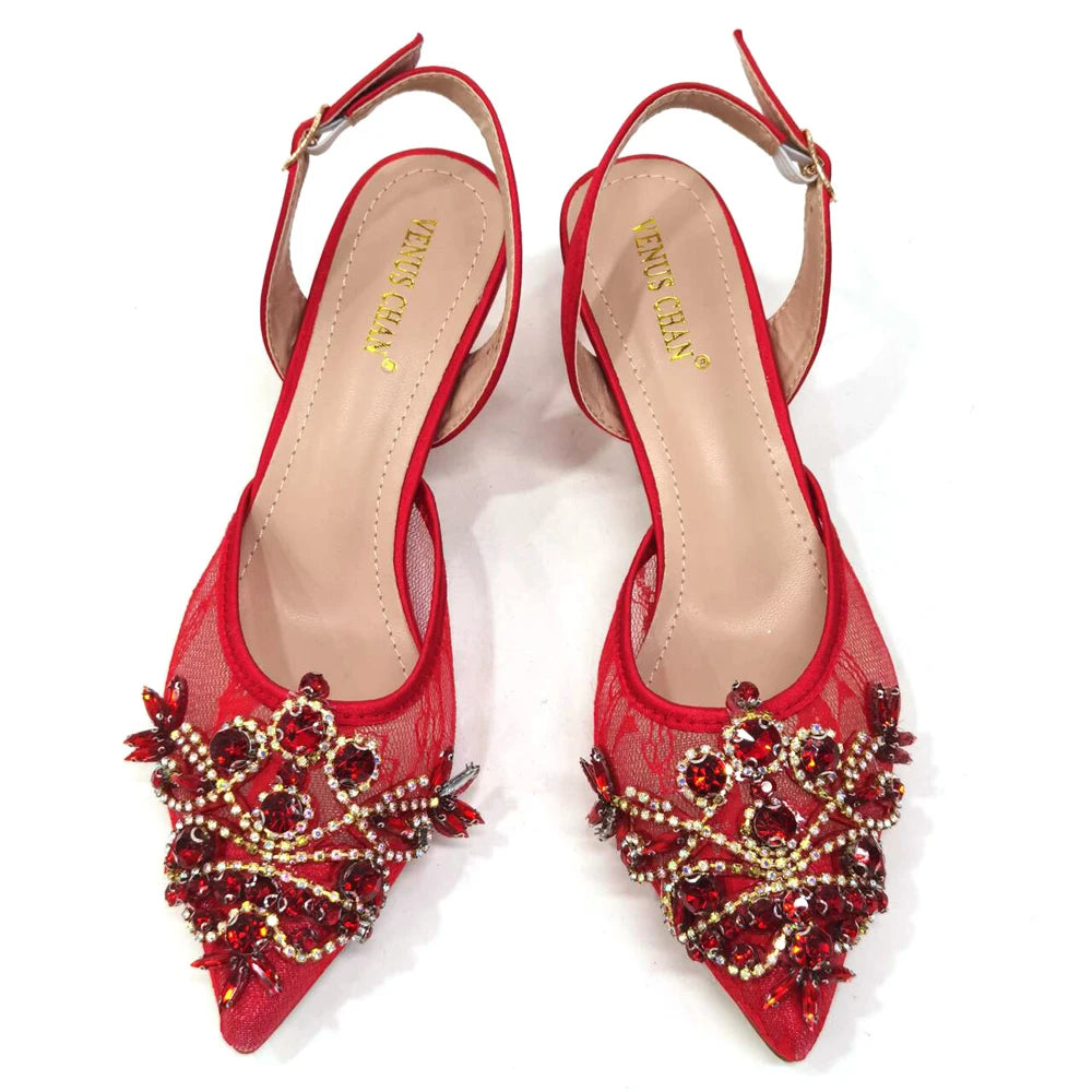 Venus Chan Nigerian Elegant Lace Net Style Green Crystal Low Heel Shoes And Three-Dimensional Mini Bag Commuter Women's Shoes