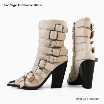 Metal Pointed Toe Belt Buckles Booties 2025 Spring Autumn Side Zipper Solid Plus Size Shoes Women's Chunky Heel Ankle Boots
