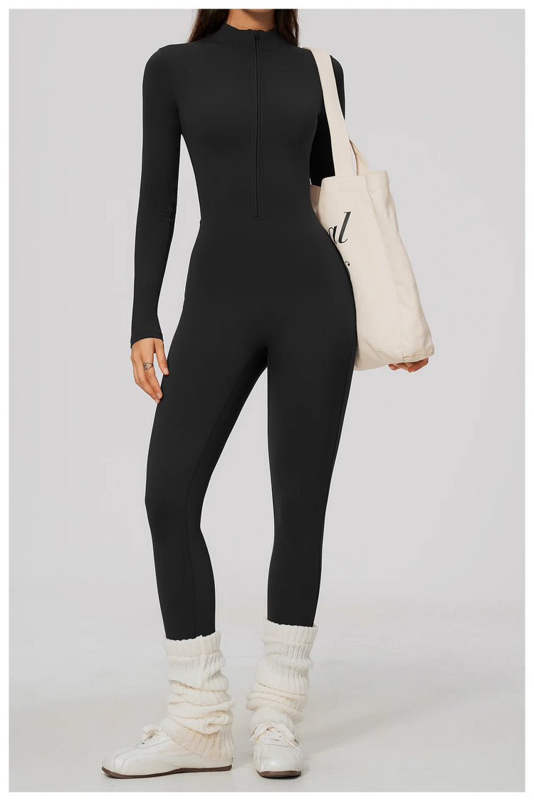 Winter Half Zip Yoga Bodysuit Women Long Sleeved Fitness Jumpsuit Sportswear Gym Clothes One-piece Running Workout Wear Rompers