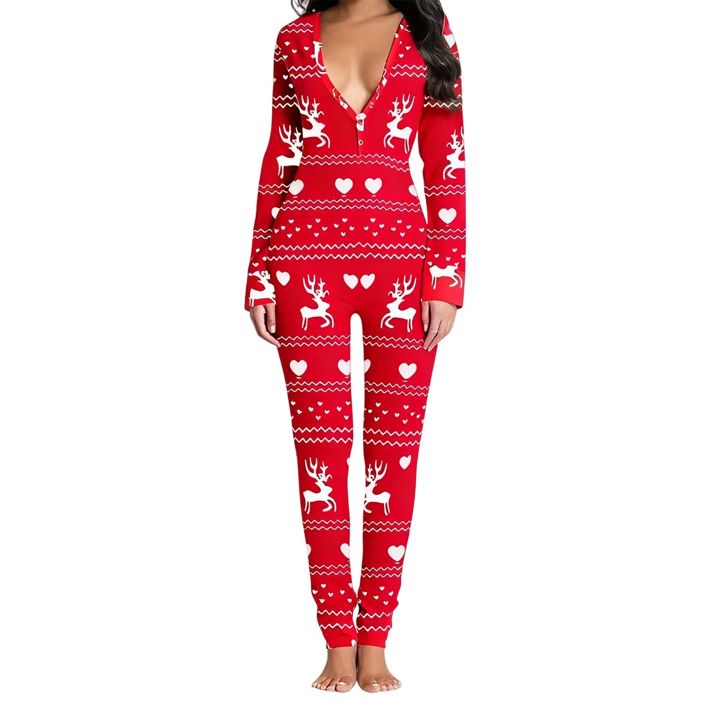 Christmas Women's Jumpsuit Pajamas Long Sleeve V Neck Themed Print Bodysuit Sleepwear with Drop Seat Butt Flap