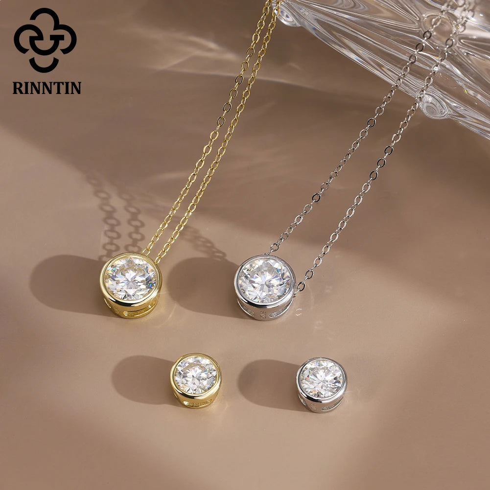 Rinntin 1-2 Carat Solitaire Moissanite Necklace for Women S925 Pure Silver Diamond Classic Round Pendant Wedding Jewelry SMON11