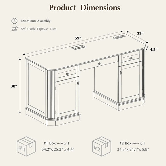 59" Classic Executive Desk with Storage, Victorian Executive Desk with Charging Station, Keyboard Tray, 3 Drawers & 2 Cabinet Storage & 2 Pedestals, Easy Assembly, Dark Walnut