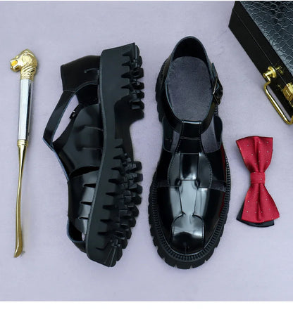 4.5Cm Thick Sole Heightening Sandals Men's Glossy Cowhide Buckle Business Casual British Genuine Leather Summer Sandals for Men