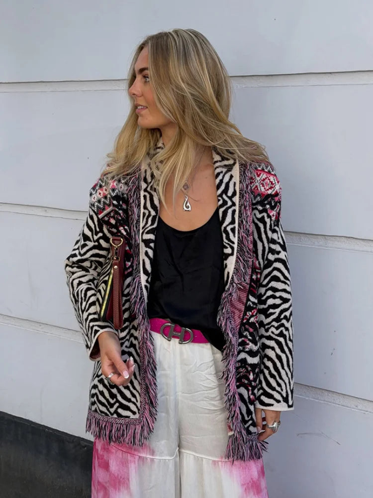Gem Print Knit Tassel Cardigan Lapel Tie Loose Long Sleeve 2026 Autumn Chic Women Boho Street Daily Fashion Ladies Knitwear