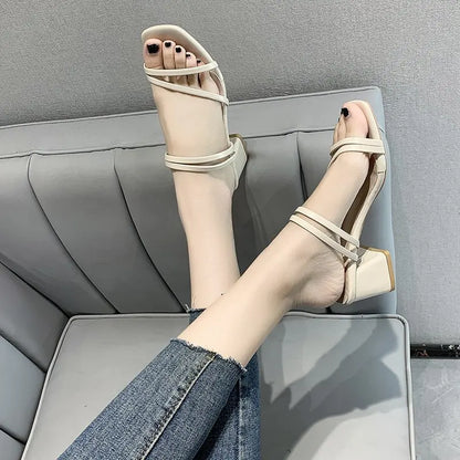 Women Sandals Ladies Square Heels Elegant Summer Slippers Outside Cross Tied Leather Female Slides 2025 Fashion Woman Sandals
