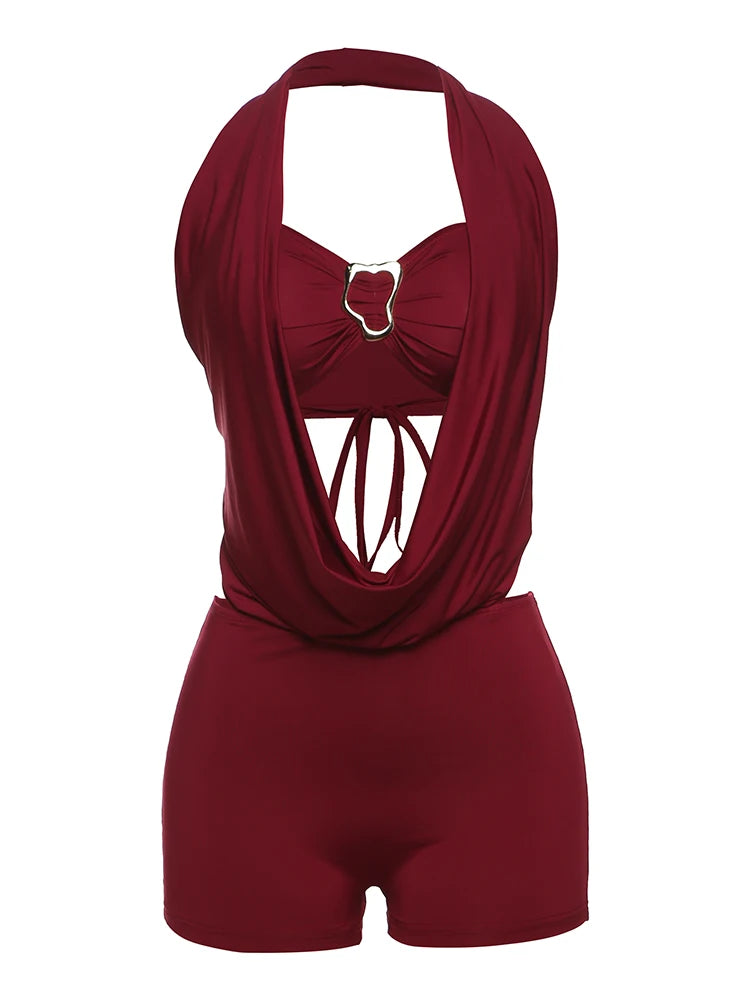 Sisterlinda Swinging Neck Backless Playsuits Sexy Stunning Pleated Backless Slim Rompers+Inside Wrapped Chest Tanks Party Wear
