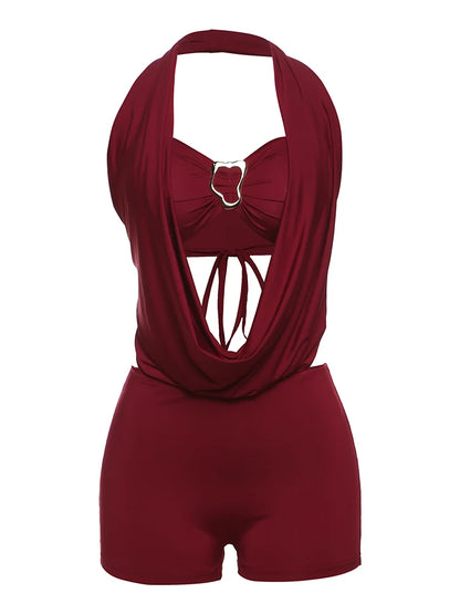 Sisterlinda Swinging Neck Backless Playsuits Sexy Stunning Pleated Backless Slim Rompers+Inside Wrapped Chest Tanks Party Wear