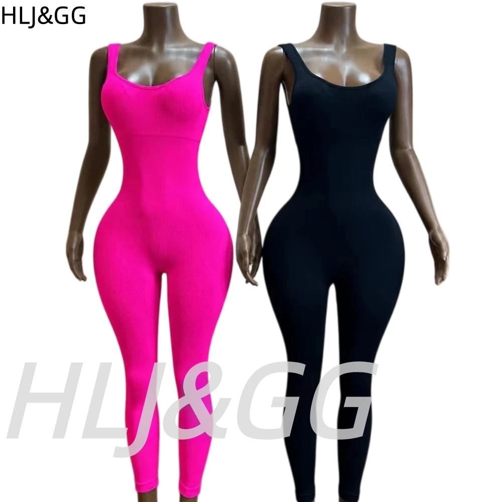 HLJ&GG High Stretchy Ribber Bodycon One Piece Jumpsuits Women Sleeveless Slim Playsuits Casual Quality Sporty Leggings Overalls