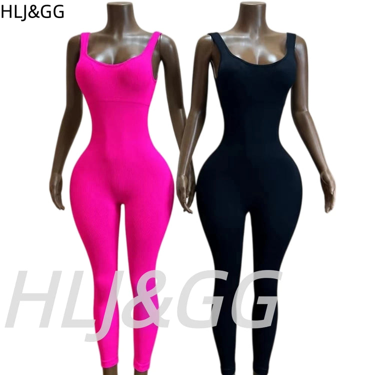 HLJ&GG High Stretchy Ribber Bodycon One Piece Jumpsuits Women Sleeveless Slim Playsuits Casual Quality Sporty Leggings Overalls