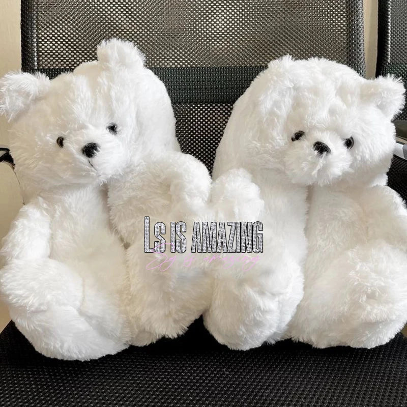 Cute Teddy Bear Plush Winter Slippers, Wrapped Heel Funny Indoor Floor Shoes, Women Gift, Warm Soft Cartoon Fluffy Animal Slippe