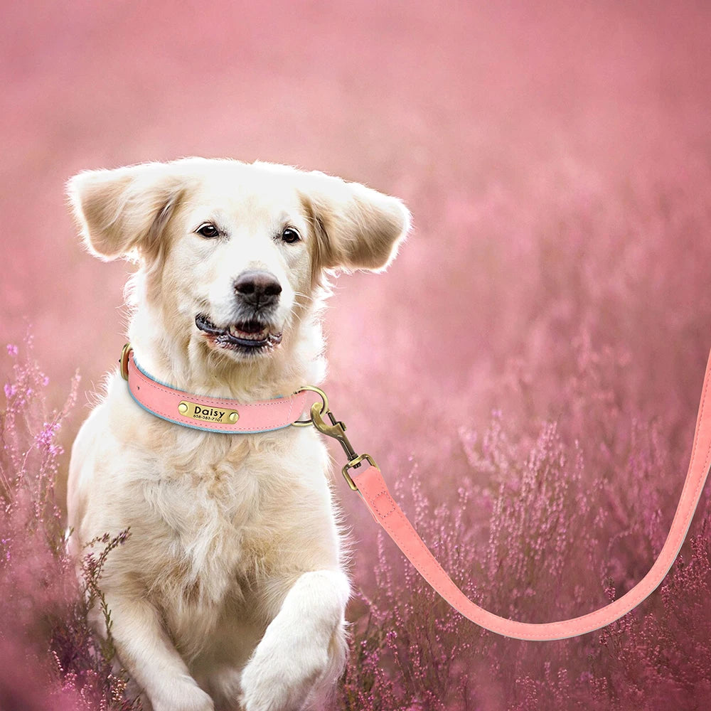 Personalized Dog Collar Leash PU Leather Dogs Collars Pet Rope Engraved Pet ID Name Necklace for Small Large Dogs Soft Padded