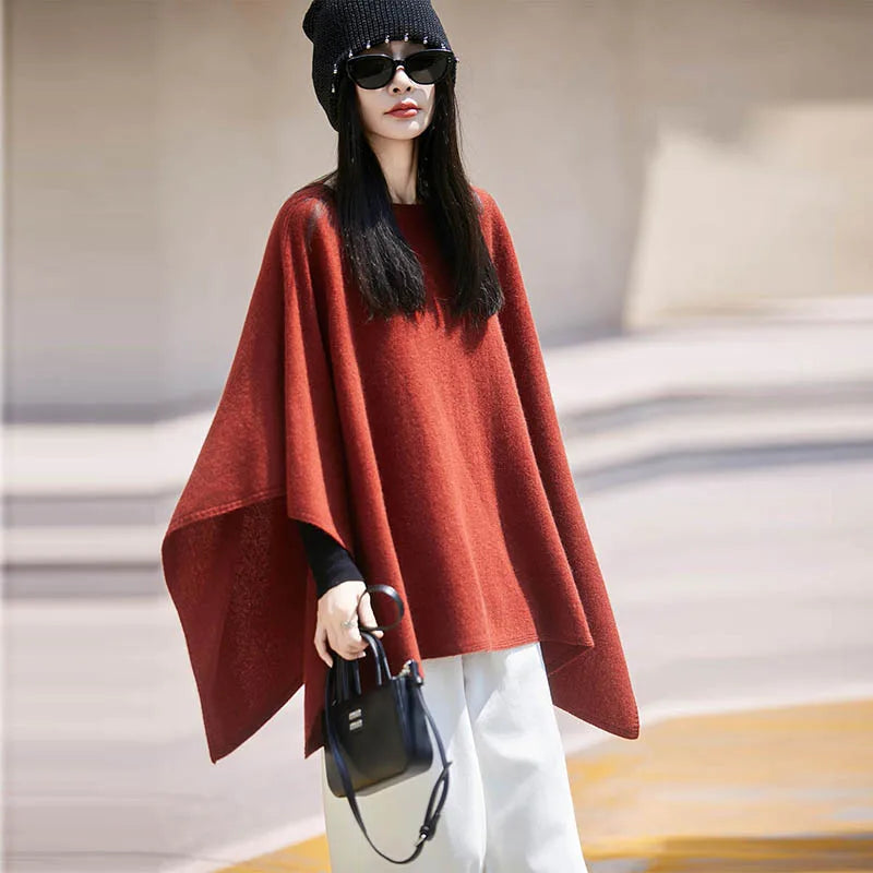 Autumn New 100% Merino Wool Shawl Pullover For Women Soft Solid Cashmere Knitwear Shawl Scarf Female Popular Sweater Grace Tops