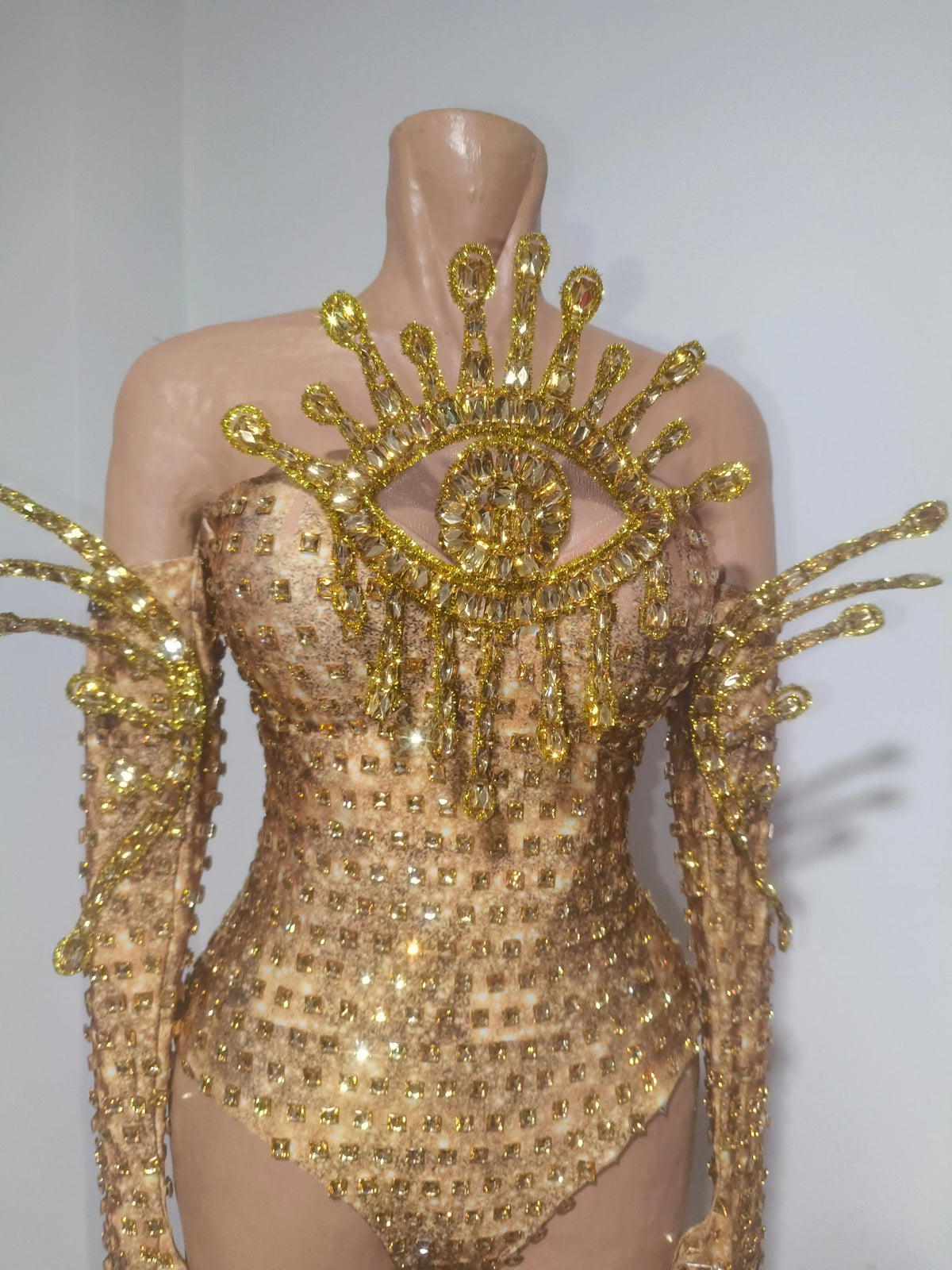 Sexy Sparkly Golden Rhinestones Eyes Stretch Bodysuit Women Eveing Birthday Party Nightclub Bar Singer Dancer DJ Stage Costume