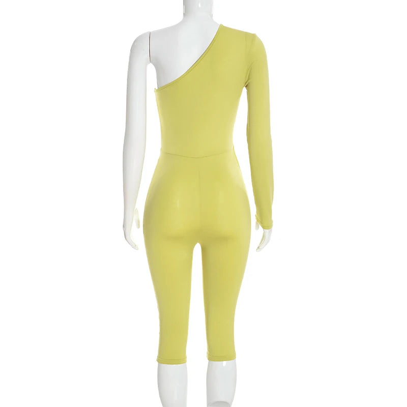 Solid color sexy single shoulder hollow out long sleeved one-piece slim fit pants