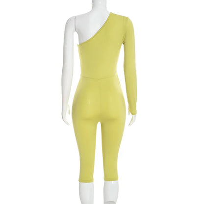 Solid color sexy single shoulder hollow out long sleeved one-piece slim fit pants