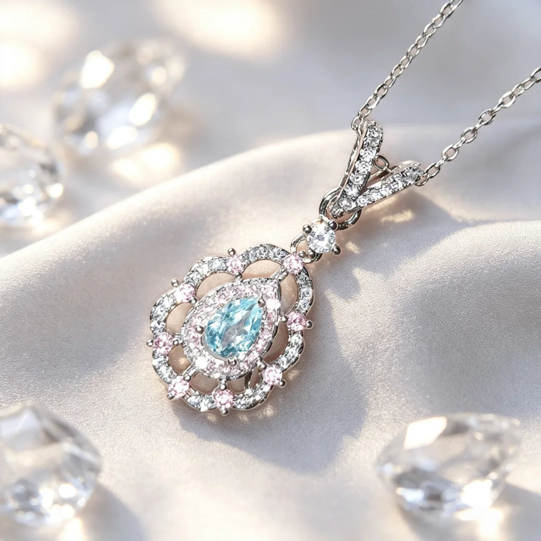 925 Sterling Silver Light Luxury Fashion Light Blue Zircon Micro-set Pink Diamond Water Drop Ladies Necklace