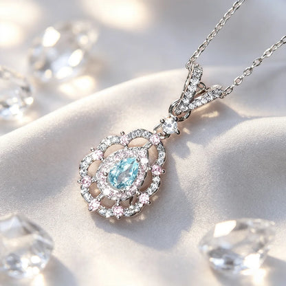 925 Sterling Silver Light Luxury Fashion Light Blue Zircon Micro-set Pink Diamond Water Drop Ladies Necklace
