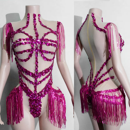 Sexy See-through Glitter Red Crystal Fringe Bodysuit High Elasticity Drag Queen Costume Festivals Outfit NightClub Dance Outfits