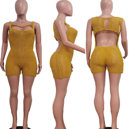 Sexy Hollow Out Knitted Party Playsuit Women Rompers and Jumpsuits Open Back Sleeveless Skinny Beach Outfits Combinaison Short