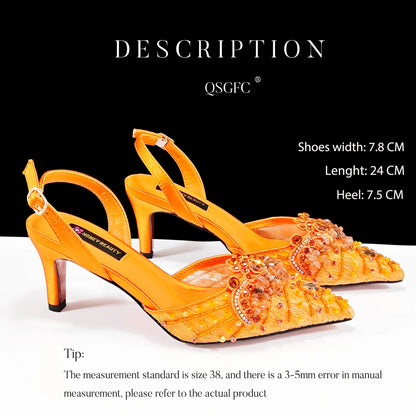 QSGFC Nigerian Style Elegant Women Heels Shoes And Bag Set Rhinestone with Coral Shoes Wedding Party