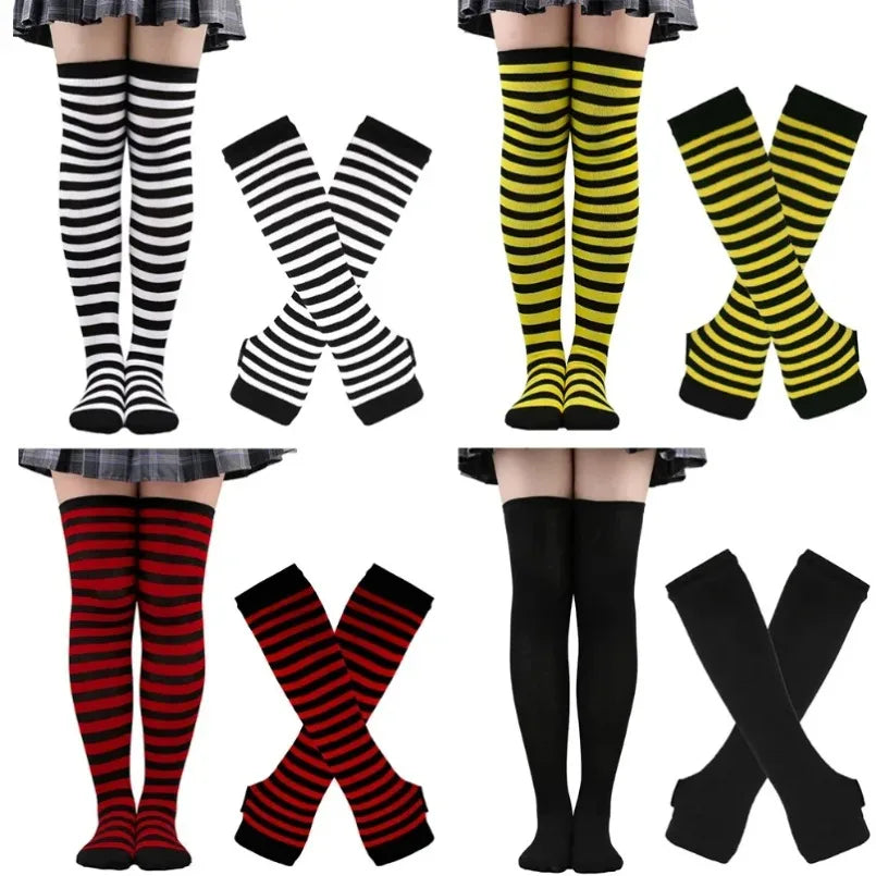 Long Over Above Knee Socks Womens mittens Arm Sleeve Gloves Set Striped Thigh High Stockings Ladies Girl Pink Black White Lolita