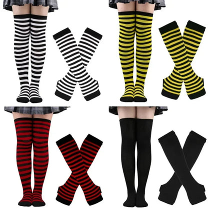 Long Over Above Knee Socks Womens mittens Arm Sleeve Gloves Set Striped Thigh High Stockings Ladies Girl Pink Black White Lolita